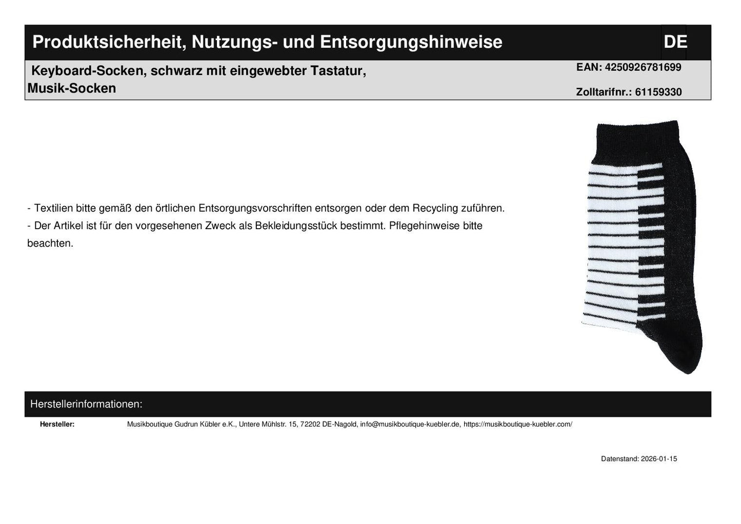 Keyboard-Socken, schwarz mit eingewebter Tastatur, Musik-Socken