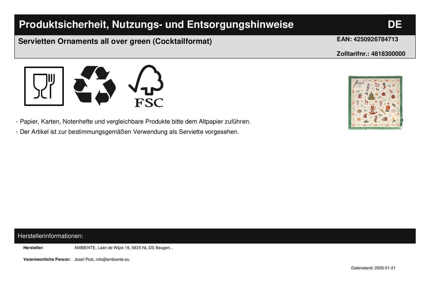 Geschenkset Wunderbar-Becher Instrumente,  Servietten Ornaments (Cocktailformat) und Doppelkarte Fröhliche Weihnachten