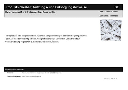 Meterware weiß mit Instrumenten, Baumwolle