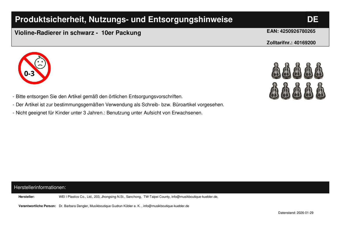 Violine-Radierer in schwarz -  10er Packung