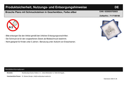 Brosche Piano mit Schmucksteinen in Geschenkbox, Farbe silber