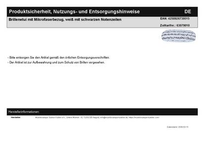 Glasses case with microfiber cover, white with black music lines