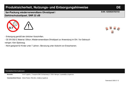5er-Packung wiederverwendbare Ohrstöpsel / Gehörschutzstöpsel, SNR 22 dB