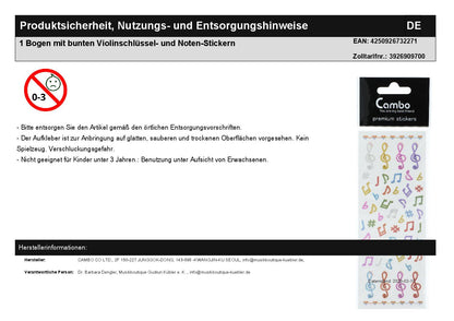 1 Bogen mit bunten Violinschlüssel- und Noten-Stickern