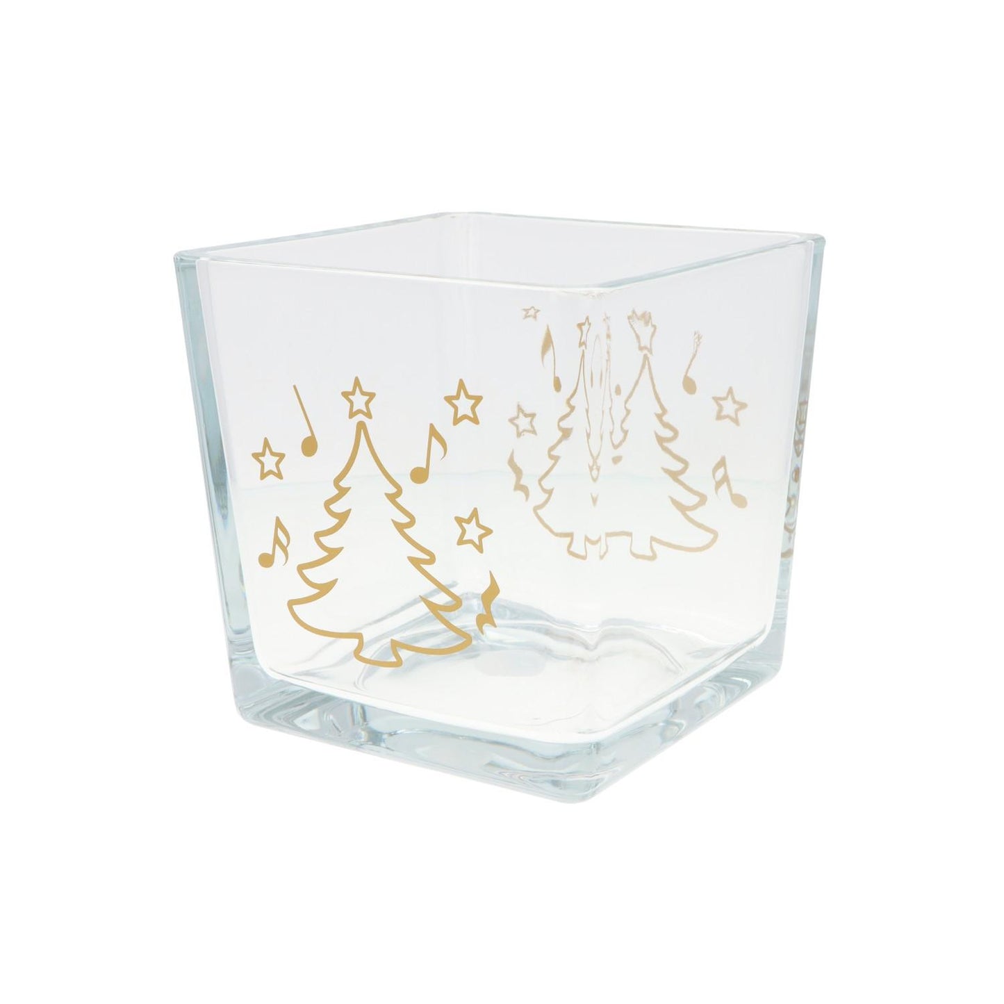 Weihnachtliche Glas-Vase mit Noten, Tannenbaum und Sternen