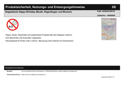 Double Card Happy Birthday (Music, Rainbow and Flowers)