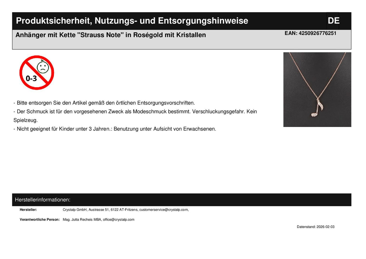 Anhänger mit Kette "Strauss Note" in Roségold mit Kristallen