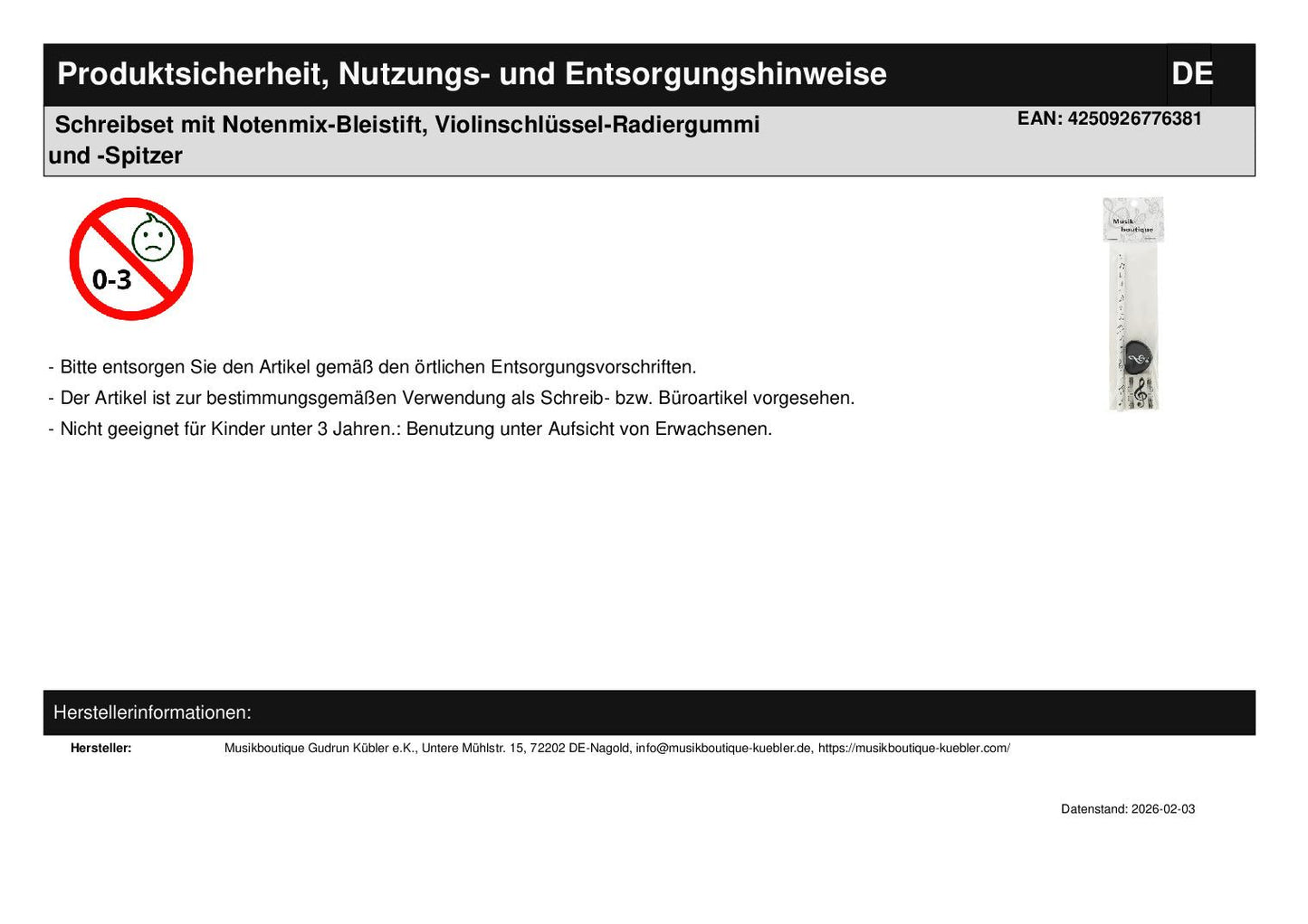 Schreibset mit Notenmix-Bleistift, Violinschlüssel-Radiergummi und -Spitzer