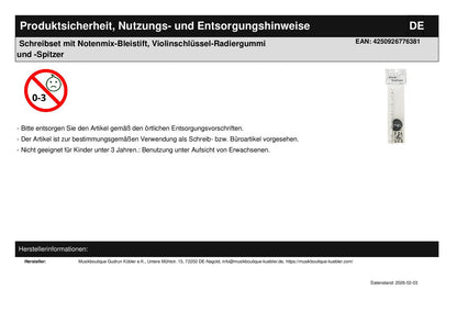 Schreibset mit Notenmix-Bleistift, Violinschlüssel-Radiergummi und -Spitzer