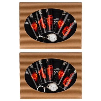 Gift set with black guest towel with music border, key ring and electronic lighters flames