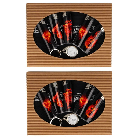 Geschenkset mit schwarzem Gästehandtuch mit Notenbordüre, Schlüsselanhänger und Elektronische Feuerzeuge Flammen