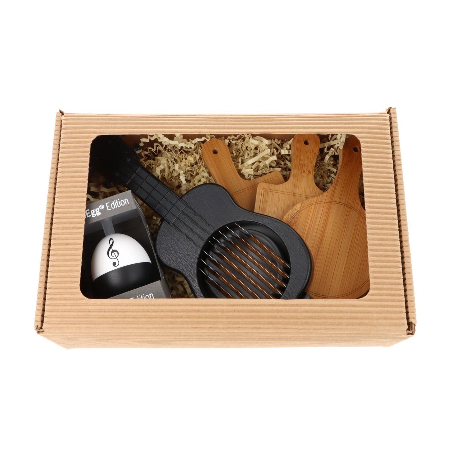 Geschenkset mit musikalischem PiepEi, Ukulele-Eierschneider und Mini-Brettchen in Faltschachtel