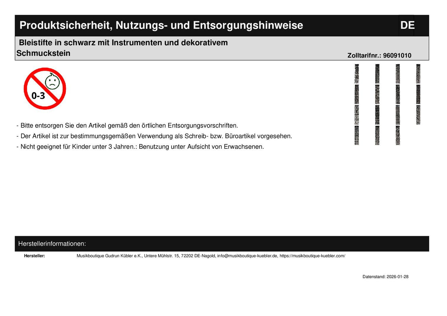 Bleistifte in schwarz mit Instrumenten und dekorativem Schmuckstein