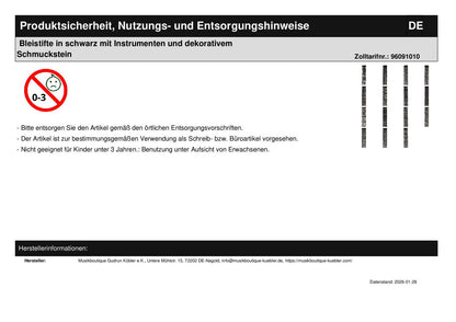Bleistifte in schwarz mit Instrumenten und dekorativem Schmuckstein