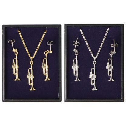 Trompete Ohrhänger und Anhänger mit Kette in Displaybox, versilbert oder vergoldet, Blasmusik