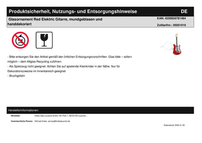 Glass ornament Red Electric Guitar, mouth-blown and hand-decorated