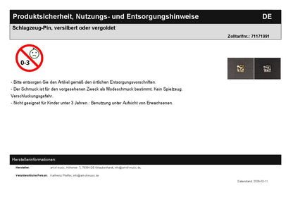 Schlagzeug-Pin, versilbert oder vergoldet