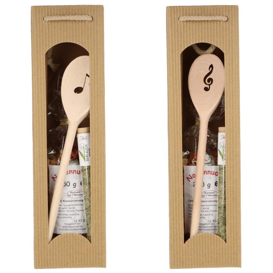 Geschenkset mit Kochlöffel, Notennudeln und Bärlauch Pesto ST XL, 20 g im Glas in Tragetasche
