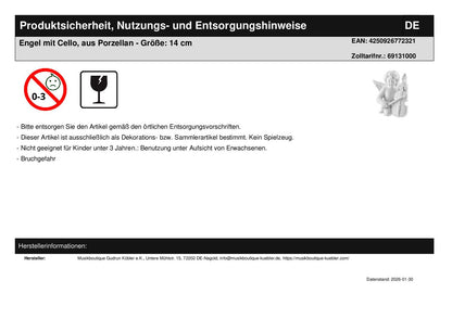 Engel mit Cello, aus Porzellan, Größe: 14 cm