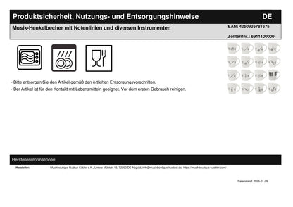 Musik-Henkelbecher mit Notenlinien und diversen Instrumenten