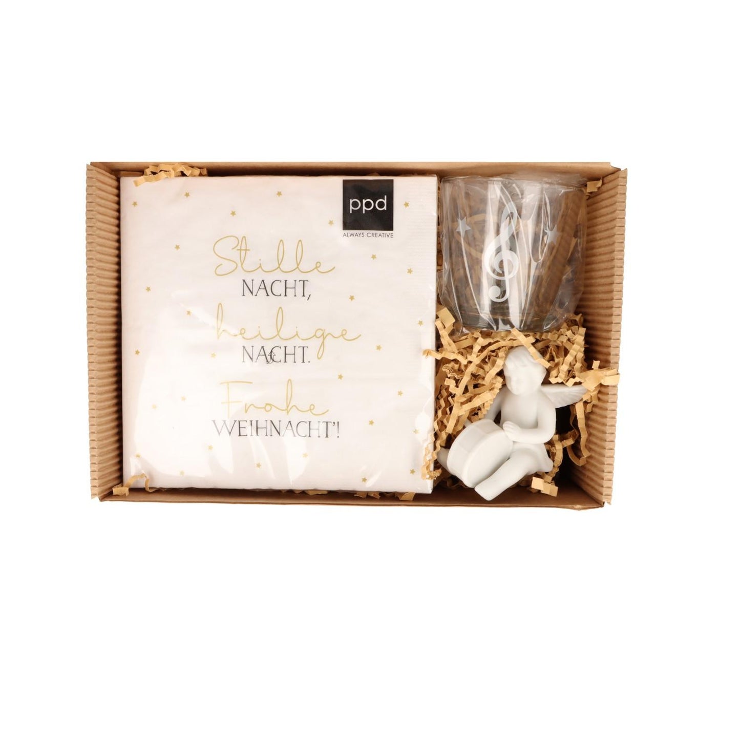 Weihnachtliches Geschenkset mit Serviette, Windlicht und Engel in Faltschachtel mit Sichtfenster - Instrument: Basstrommel