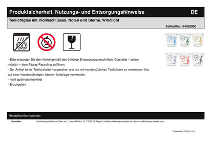Teelichtglas mit Violinschlüssel, Noten und Sterne, Windlicht
