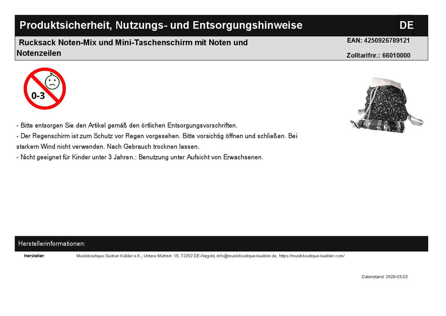 Rucksack Noten-Mix und Mini-Taschenschirm mit Noten und Notenzeilen
