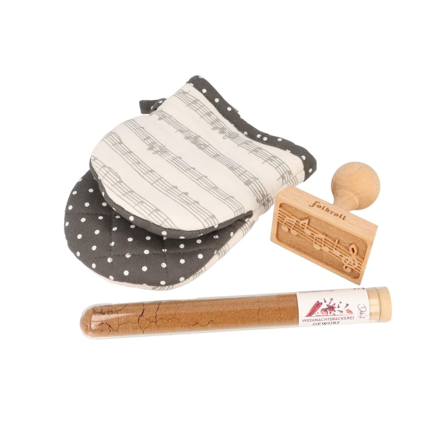 Geschenkset  Weihnachtsbäckerei mit Keksstempel, Schnappi-Handschuh und Weihnachtsgewürz in Faltschachtel mit Sichtfenster