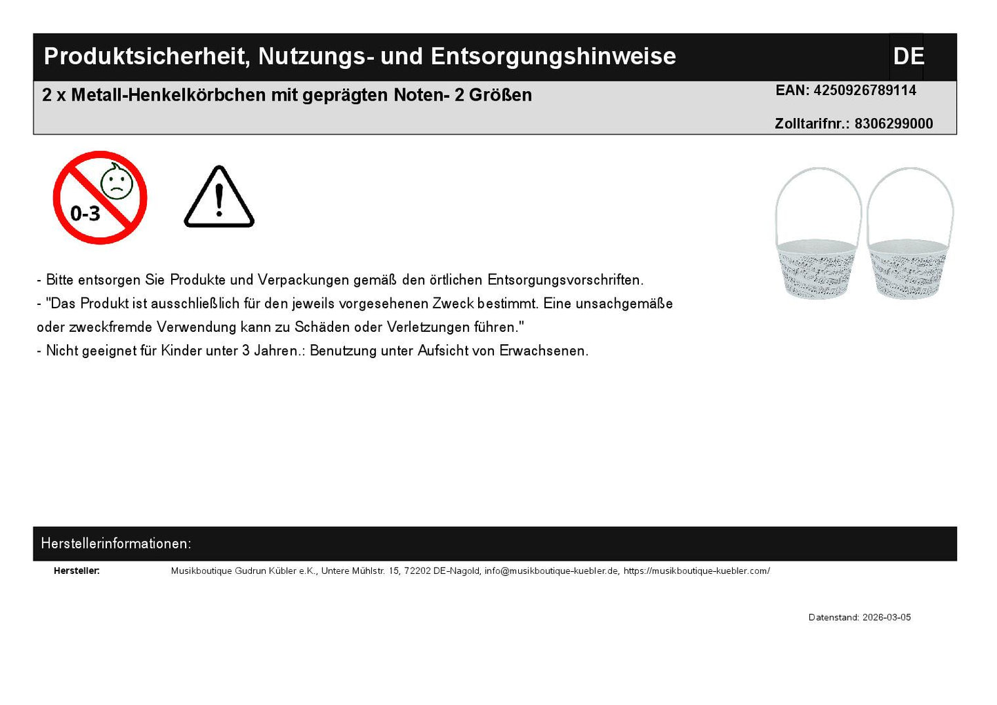 2 x Metall-Henkelkörbchen mit geprägten Noten- 2 Größen