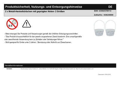 2 x Metall-Henkelkörbchen mit geprägten Noten- 2 Größen