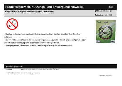 Edelstahl-Windspiel Violinschlüssel und Noten