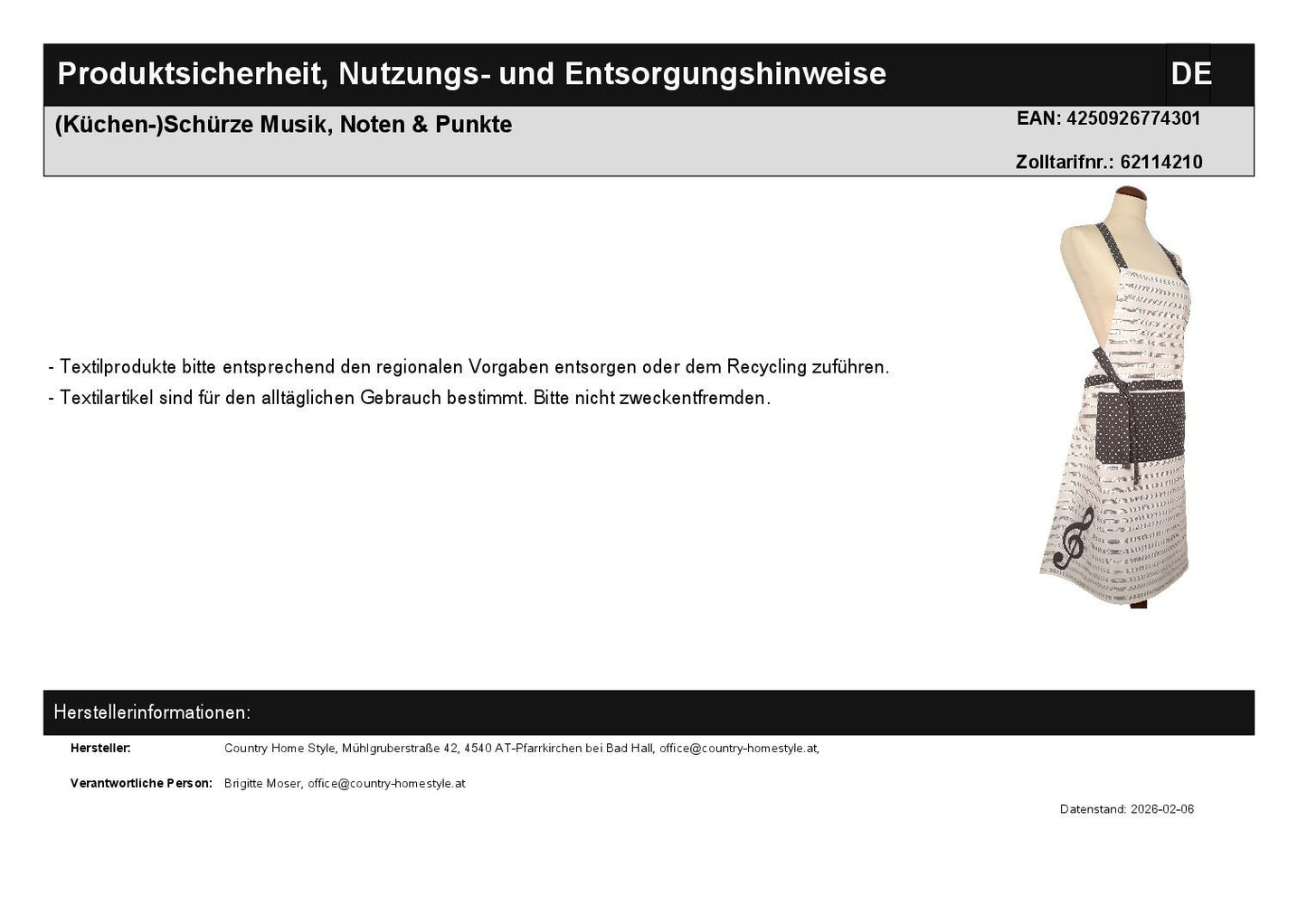 (Küchen-)Schürze Musik, Noten & Punkte