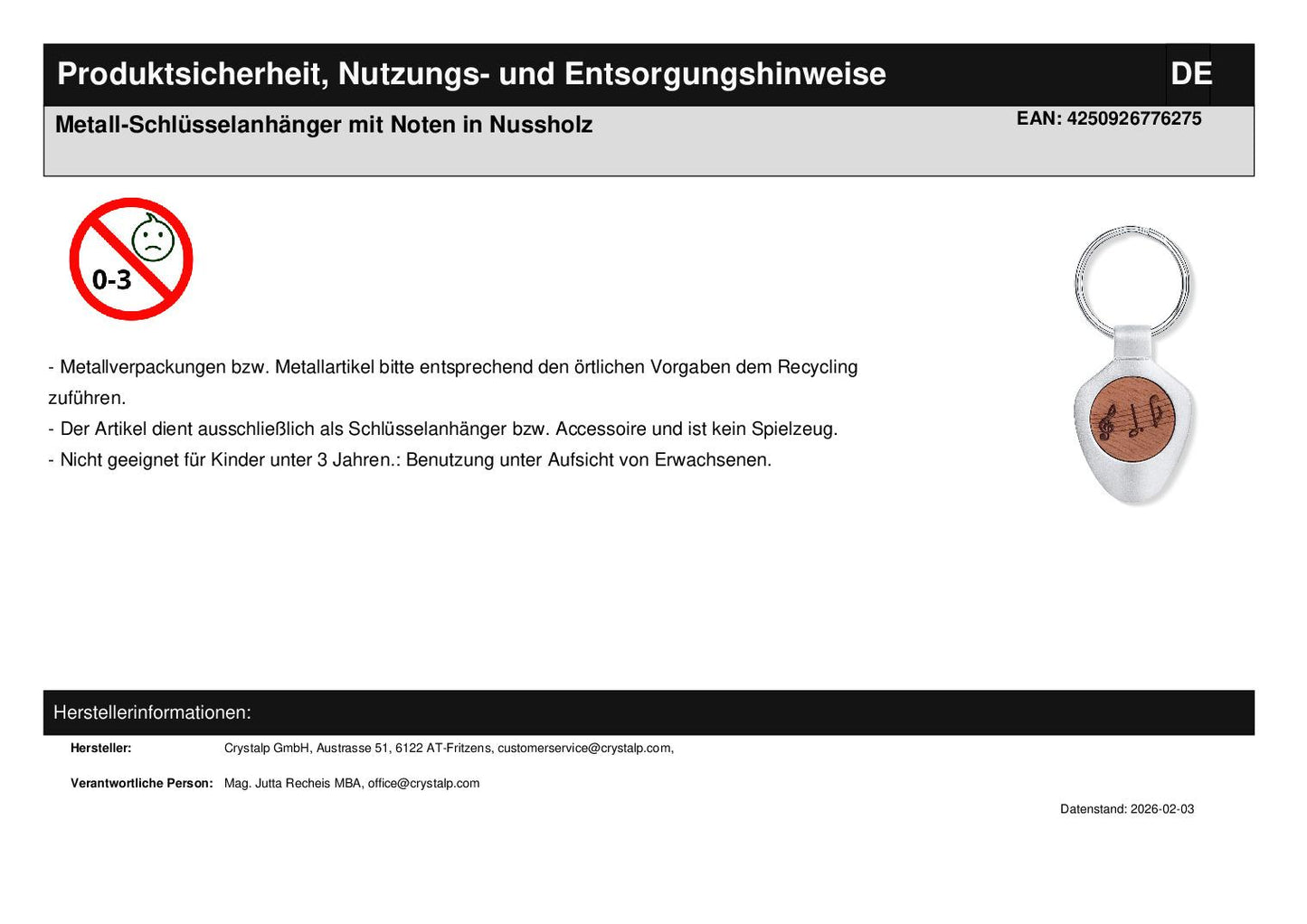 Metall-Schlüsselanhänger mit Noten in Nussholz