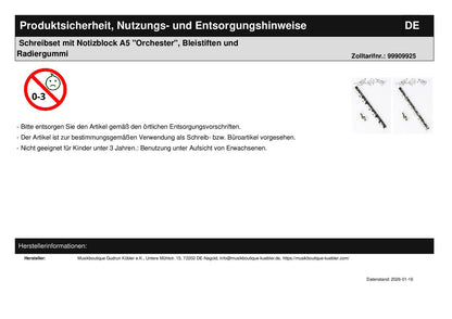Schreibset mit Notizblock A5 "Orchester", Bleistiften und Radiergummi