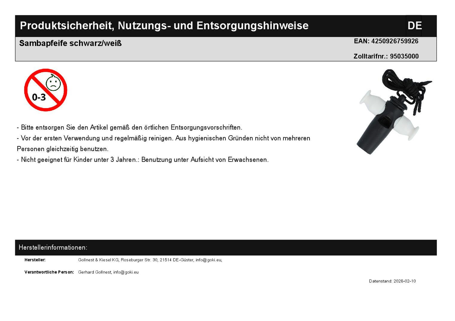 Sambapfeife schwarz/weiß