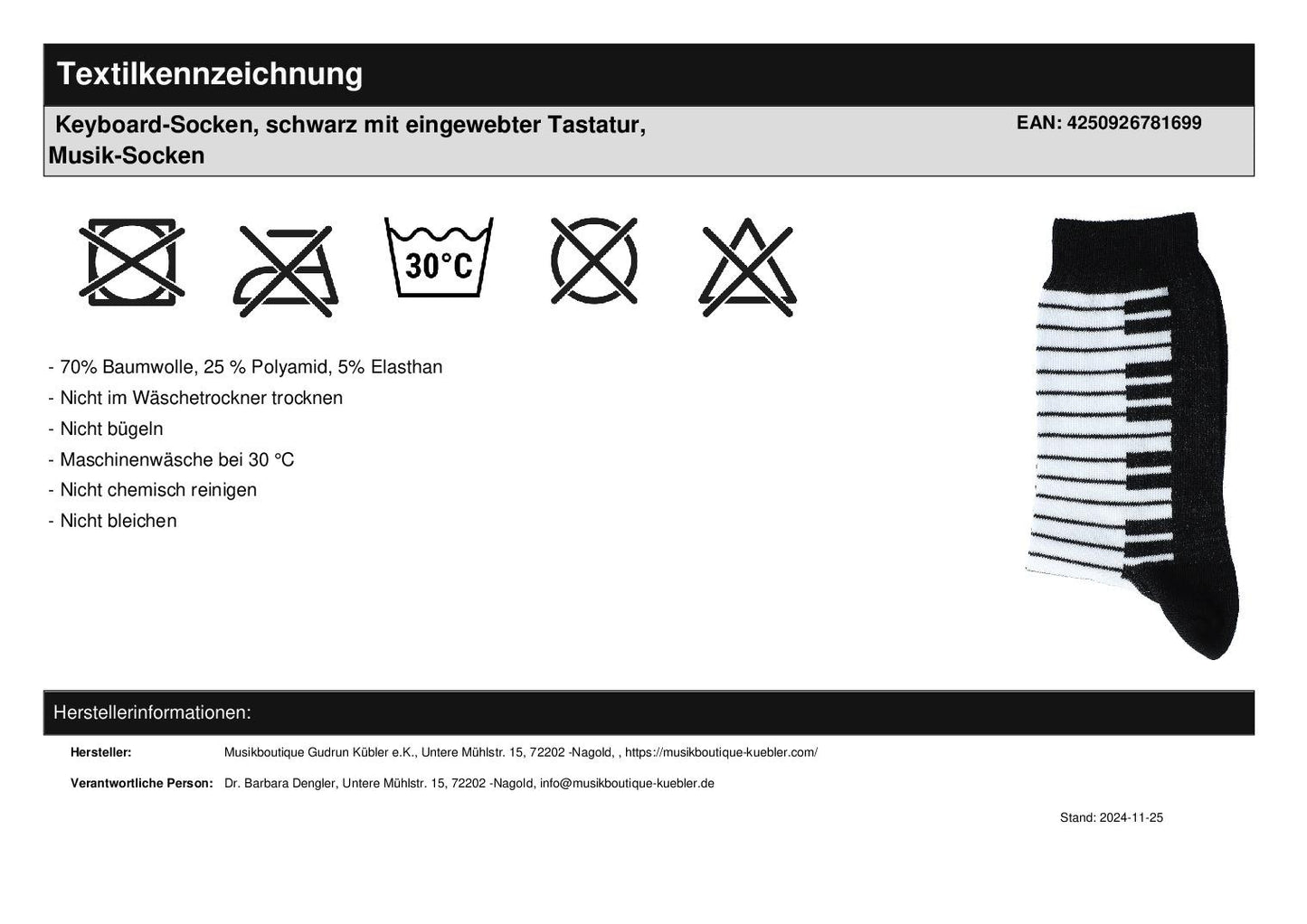 Keyboard-Socken, schwarz mit eingewebter Tastatur, Musik-Socken