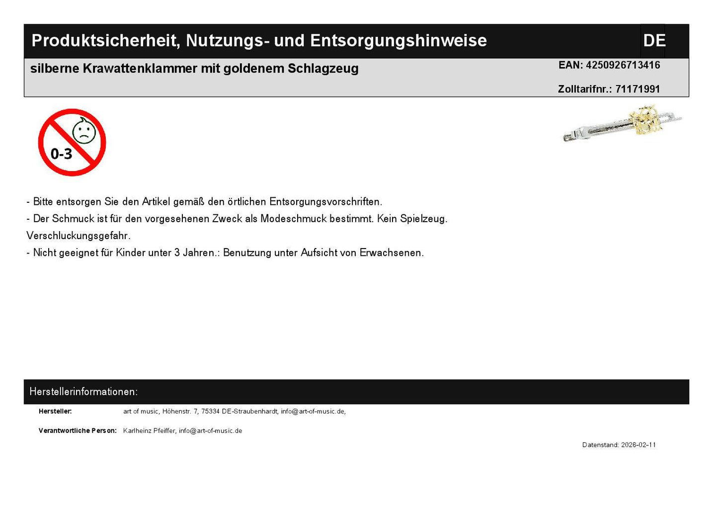 silberne Krawattenklammer mit goldenem Schlagzeug