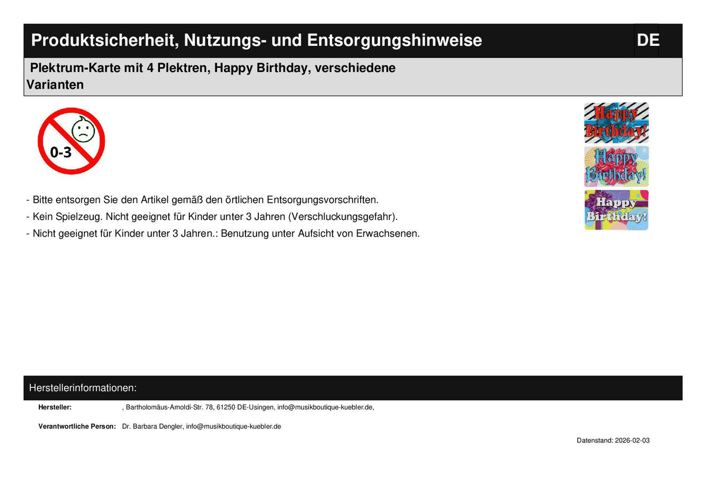 Plectrum card with 4 plectrums, Happy Birthday, various versions