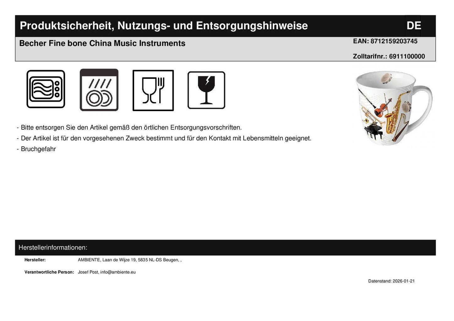 Geschenkset Henkelbecher & und Servietten Instrumente