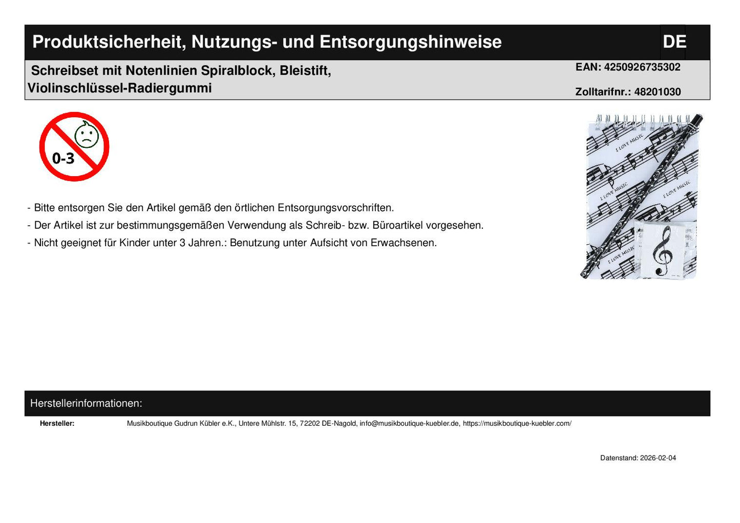 Schreibset mit Notenlinien Spiralblock, Bleistift, Violinschlüssel-Radiergummi