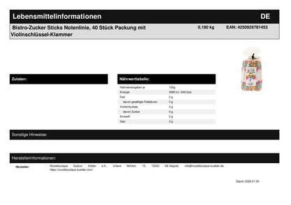 Bistro-Zucker Sticks Notenlinie, 40 Stück Packung mit Violinschlüssel-Klammer