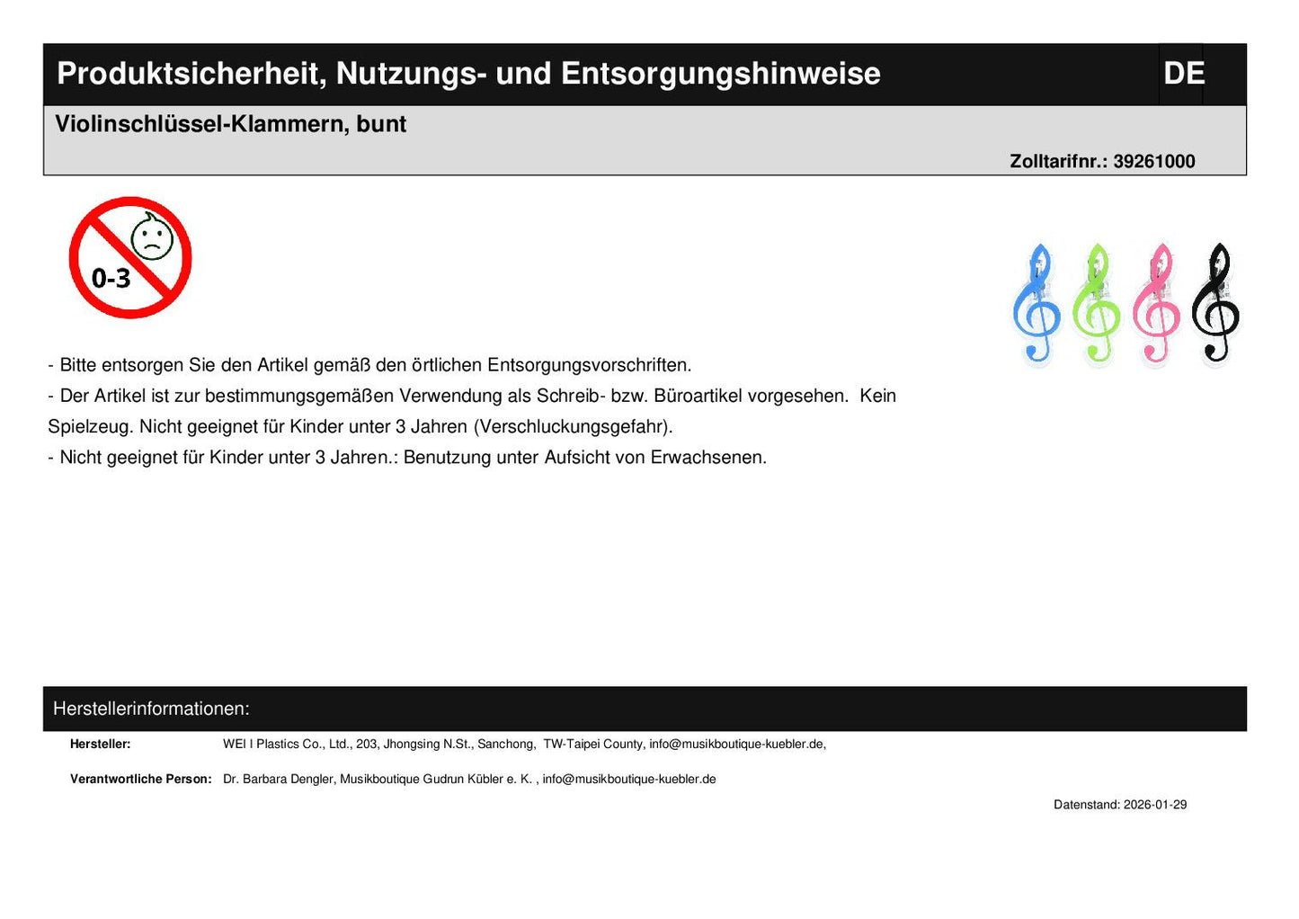 Violinschlüssel-Klammern, bunt