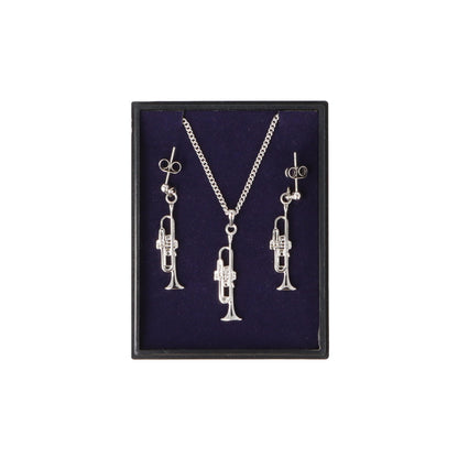 Trompete Ohrhänger und Anhänger mit Kette in Displaybox, versilbert oder vergoldet, Blasmusik