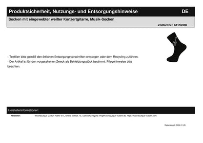 Socken mit eingewebter weißer Konzertgitarre, Musik-Socken