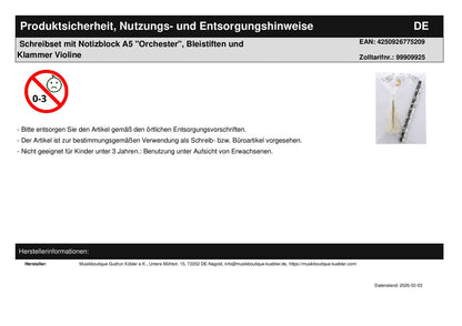 Schreibset mit Notizblock A5 "Orchester", Bleistiften und Klammer Violine
