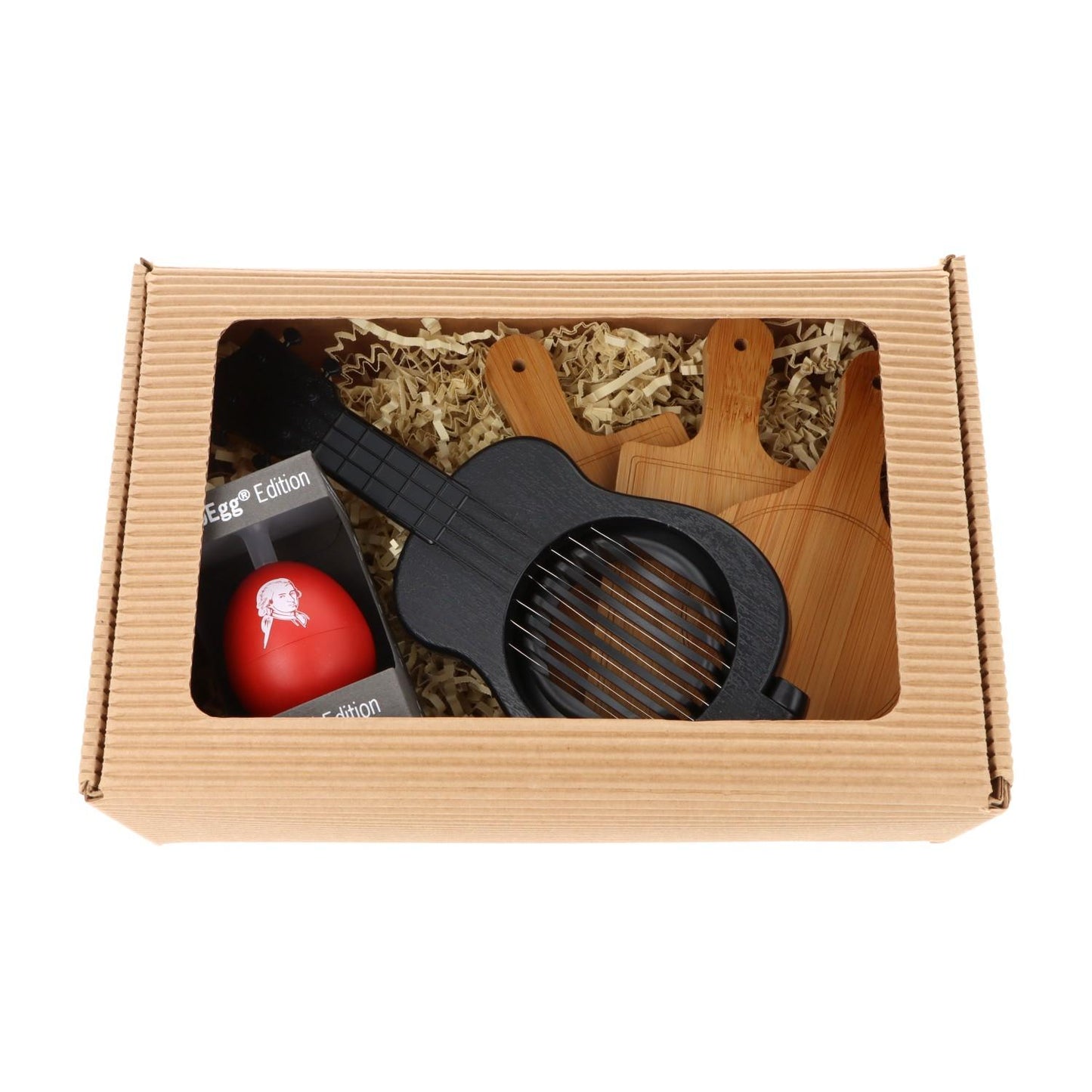 Geschenkset mit musikalischem PiepEi, Ukulele-Eierschneider und Mini-Brettchen in Faltschachtel