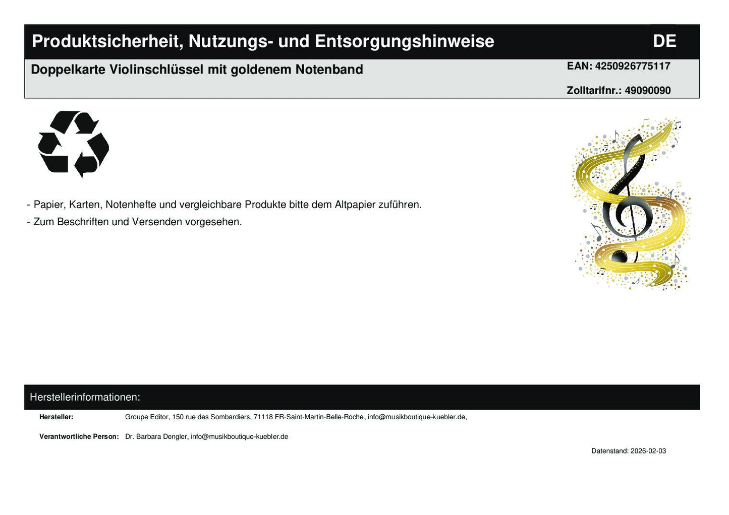 Double card treble clef with golden music ribbon