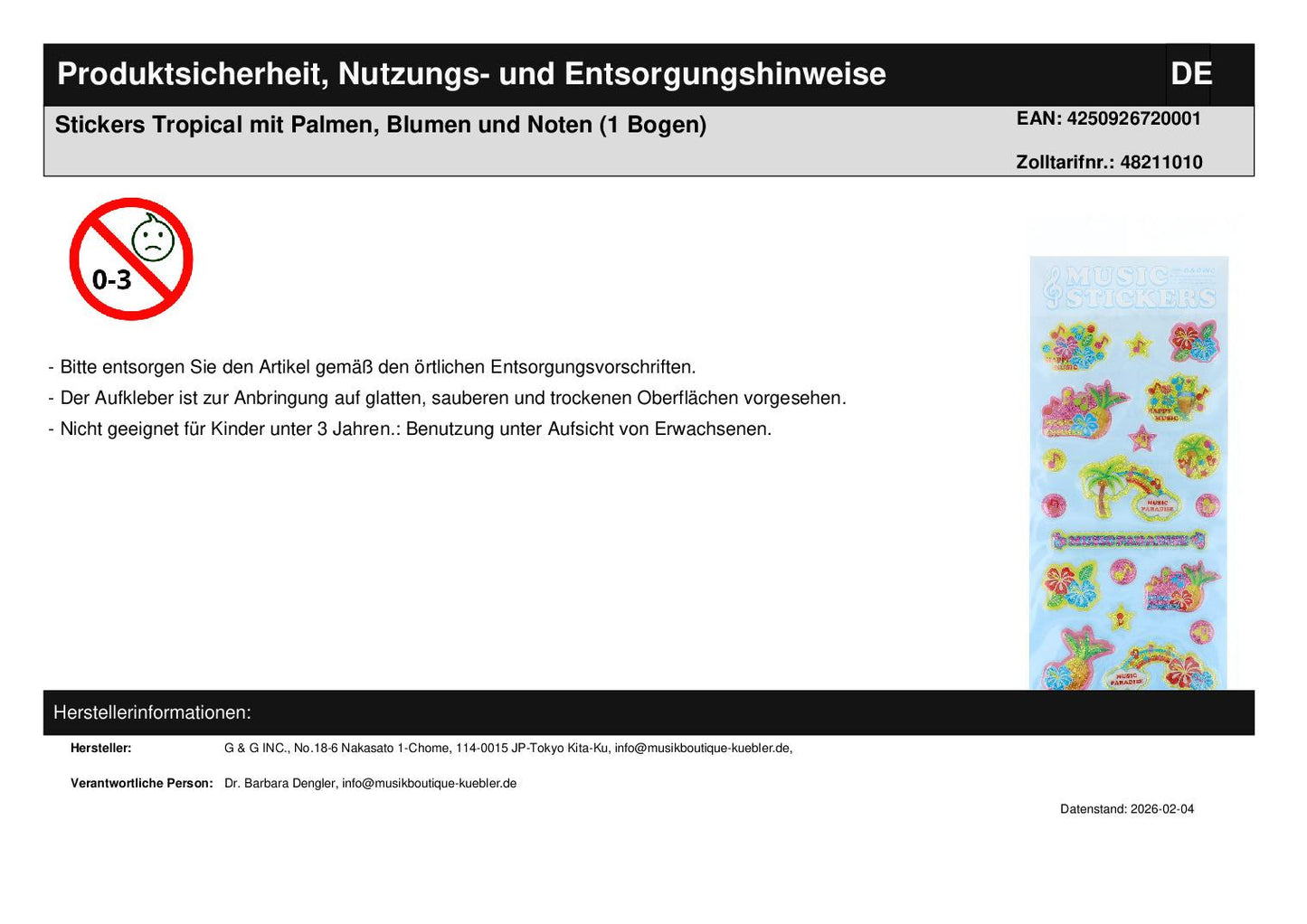 Stickers Tropical mit Palmen, Blumen und Noten (1 Bogen)