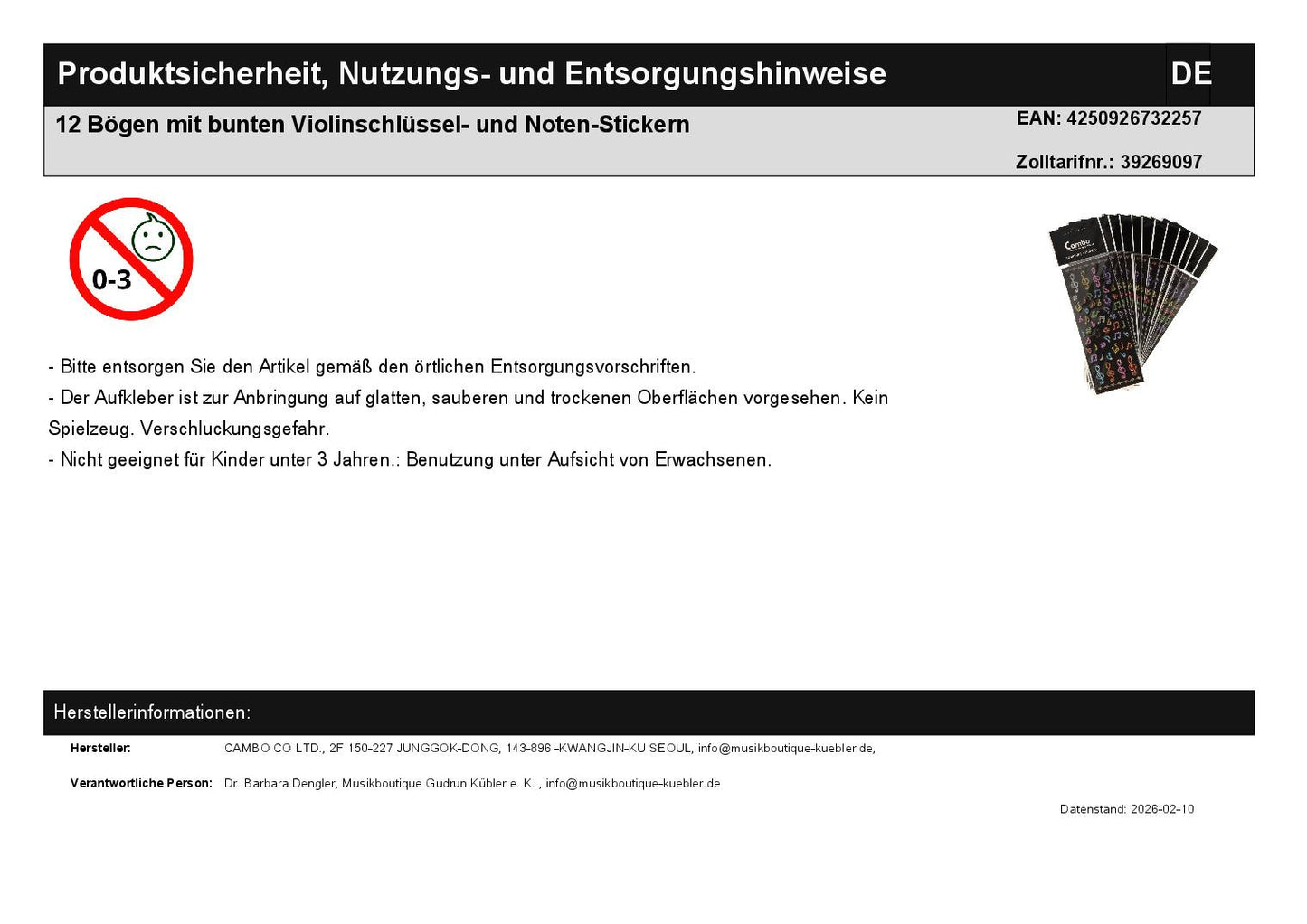12 Bögen mit bunten Violinschlüssel- und Noten-Stickern