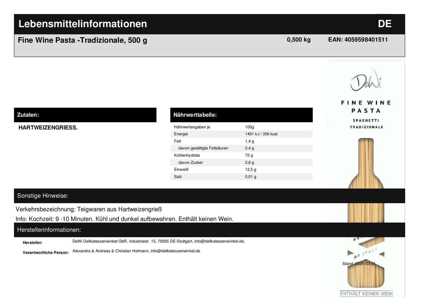 Geschenkset mit Kochlöffel, Fine Wine Pasta und Gewürzmischung "SPAGHETTI BOLOGNESE"